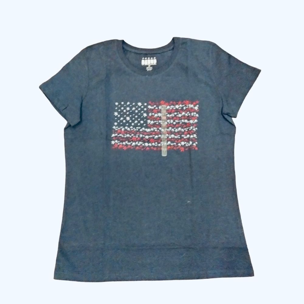 US Flag on Heather Navy Ladies MEDIUM Short Sleeve NEW Crewneck Tee